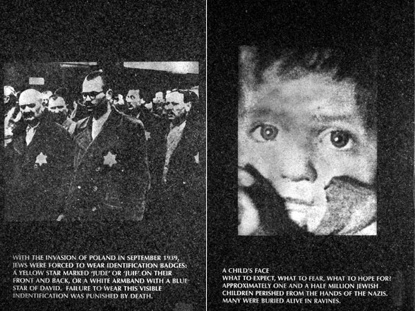 <strong>Granite Panels</strong> Following the arbor is a series of black granite slabs etched with photographs of the tortured Holocaust history. Professor Helen Fagin, the Memorial’s historian, wrote the poignant introduction and captions. 